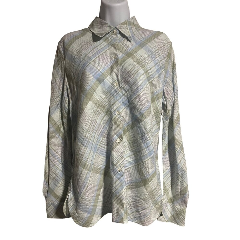 JNY Jones New York Womens Plaid Button-Up Shirt M Blue Green Linen Long Sleeve